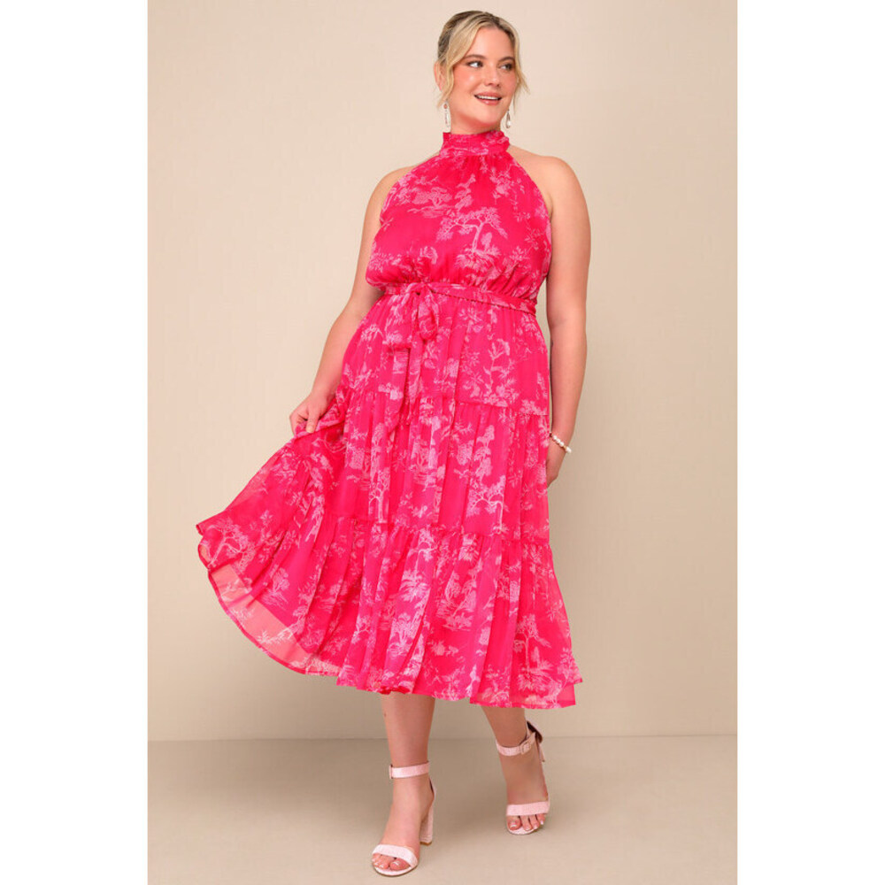 Lulus Float To You Hot Pink Floral Print Halter-neck Tiered Midi Dress - Size XL